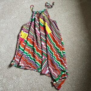 Ashley Stewart Colorful Abstract Shoulder Tie Angled High Low Sundress.